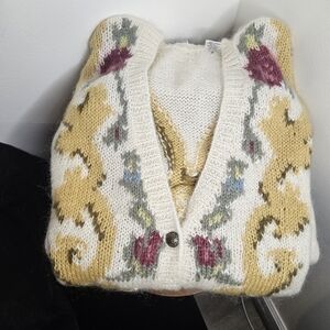 Vintage Mohair Cream Floral Cardigan Sweater Size L